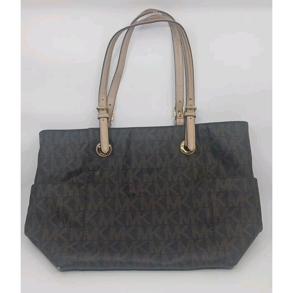 Michael Kors Jet Set MK Logo Brown Leather Tote Bag Purse